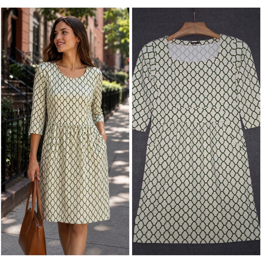 J. McLaughlin Catalina Cloth Green Trellis Dress Size M Square Neck Pockets